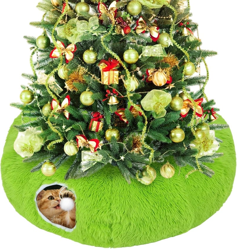 Beeplove Green Fluffy Cat Tunnel Christmas Tree Skirt - Cat Donut Bed, Christmas Tree Protector from Cats, Xmas Small Medium Large Cats Gifts Accessories - Image 1